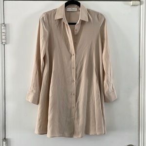 Amanda Uprichard Beige Long Sleeve 100% Silk Swing Mini Dress with Pockets | P